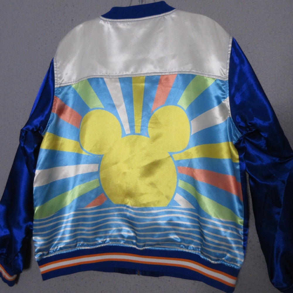 Disney Jacket Varsity Large Mickey Mouse Sunburst Cheer Zip Satin Blue Full Zip - Picture 7 of 9